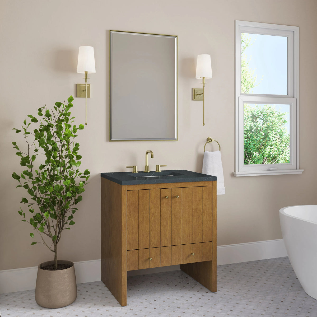 Hudson 30" Single Vanity, Honey Oak w/ 3 CM Charcoal Soapstone Silestone Top
