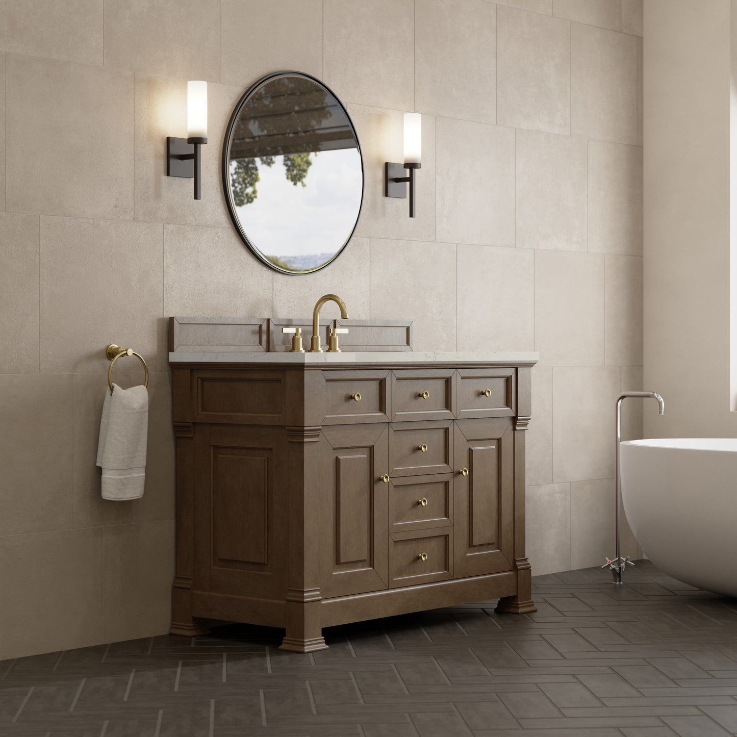 Renovate for Less Atlanta Brookfield 48" Single Vanity, Pecan, w/ 3 CM Siberian Silestone Top w/FreePower Wireless Charger