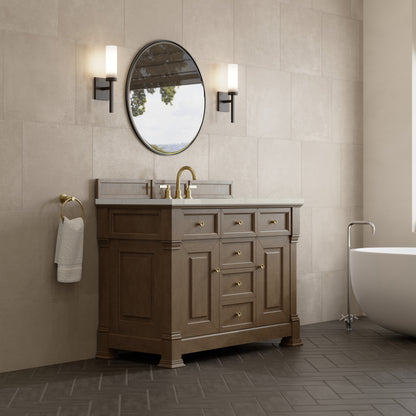 Renovate for Less Atlanta Brookfield 48" Single Vanity, Pecan, w/ 3 CM Siberian Silestone Top w/FreePower Wireless Charger
