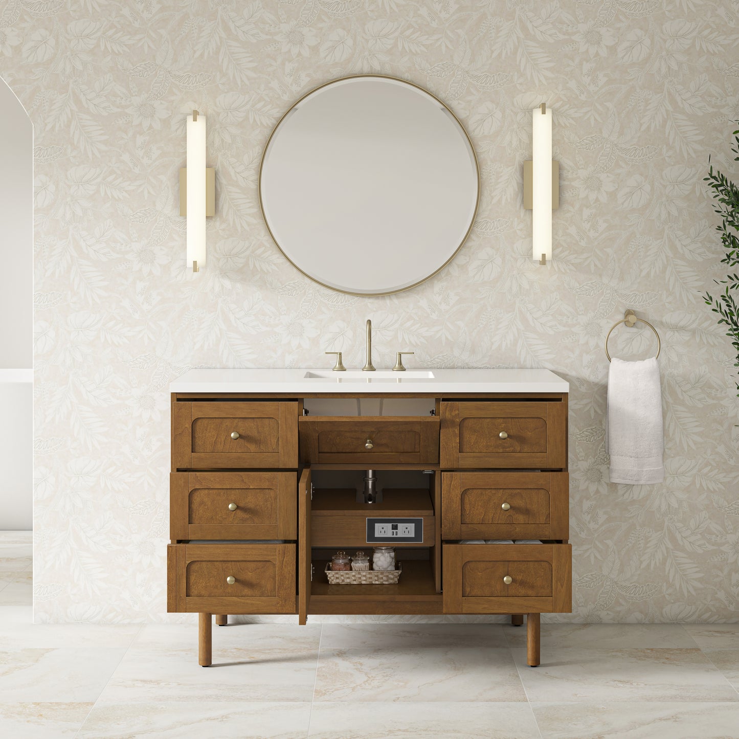 Renovate for Less Atlanta Laurent 48" Single Vanity, Honey Oak w/ 3 CM White Zeus Silestone Top