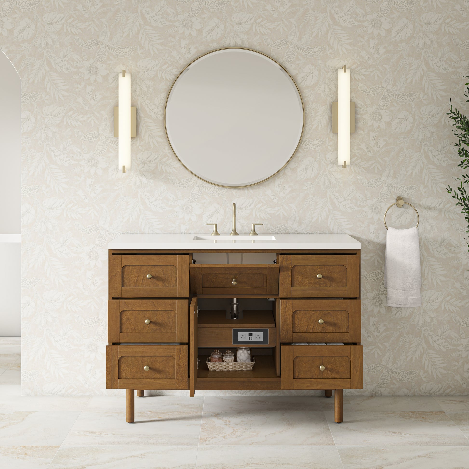 Renovate for Less Atlanta Laurent 48" Single Vanity, Honey Oak w/ 3 CM White Zeus Silestone Top