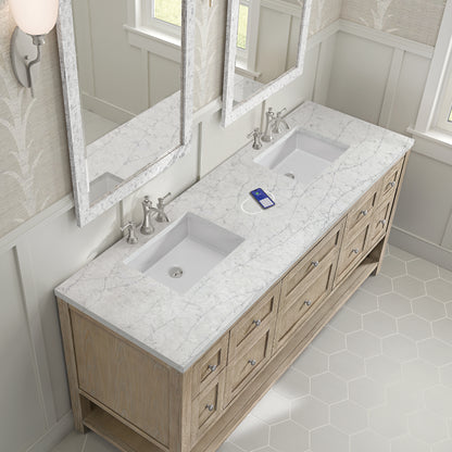 Renovate for Less Atlanta Breckenridge 72" Double Vanity, Whitewashed Oak w/ 3 CM Eternal Jasmine Pearl Silestone Top w/FreePower Wireless Charger
