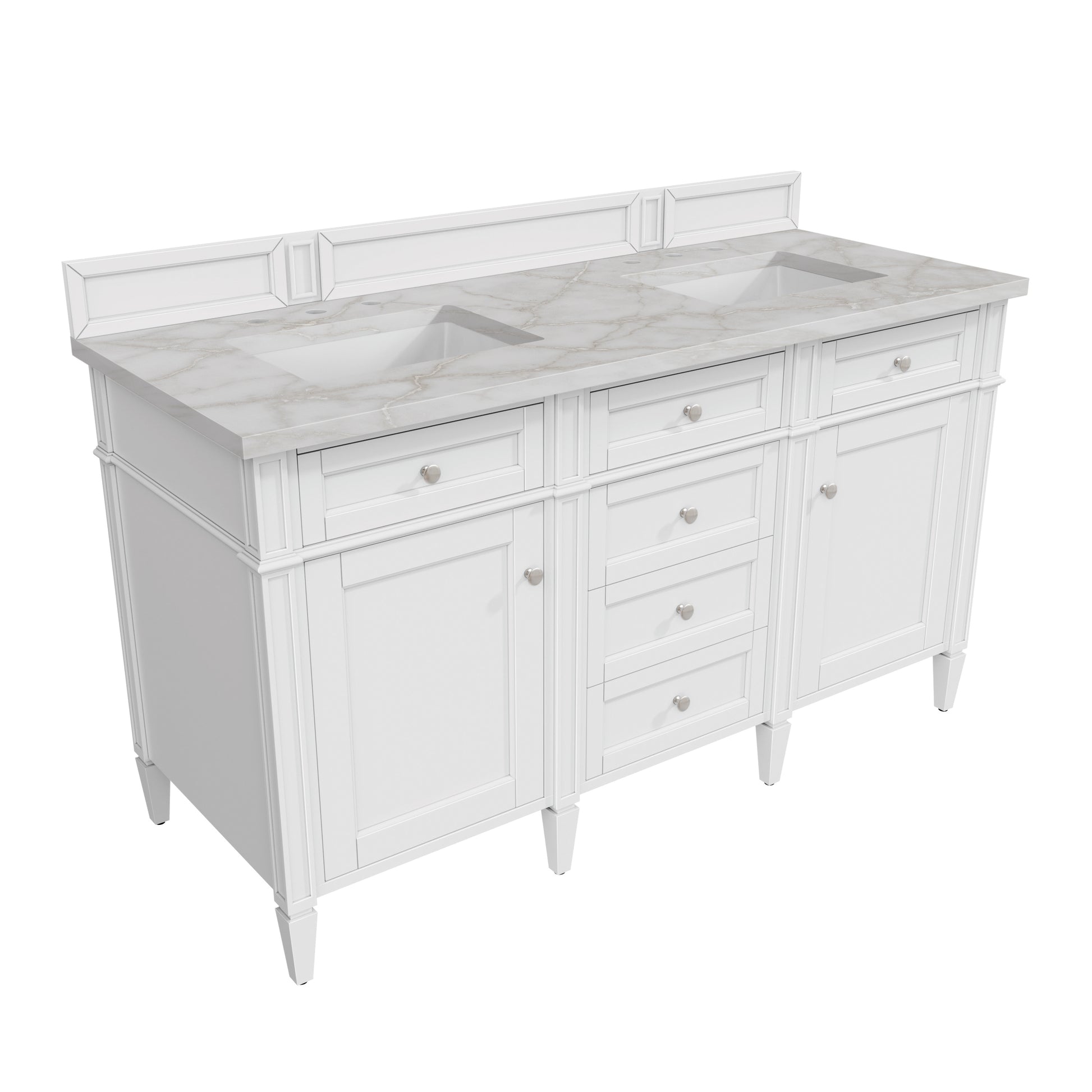 Renovate for Less Atlanta Brittany 60" Double Vanity, Bright White Vanity w/ 3 CM Victorian Silver Silestone Top