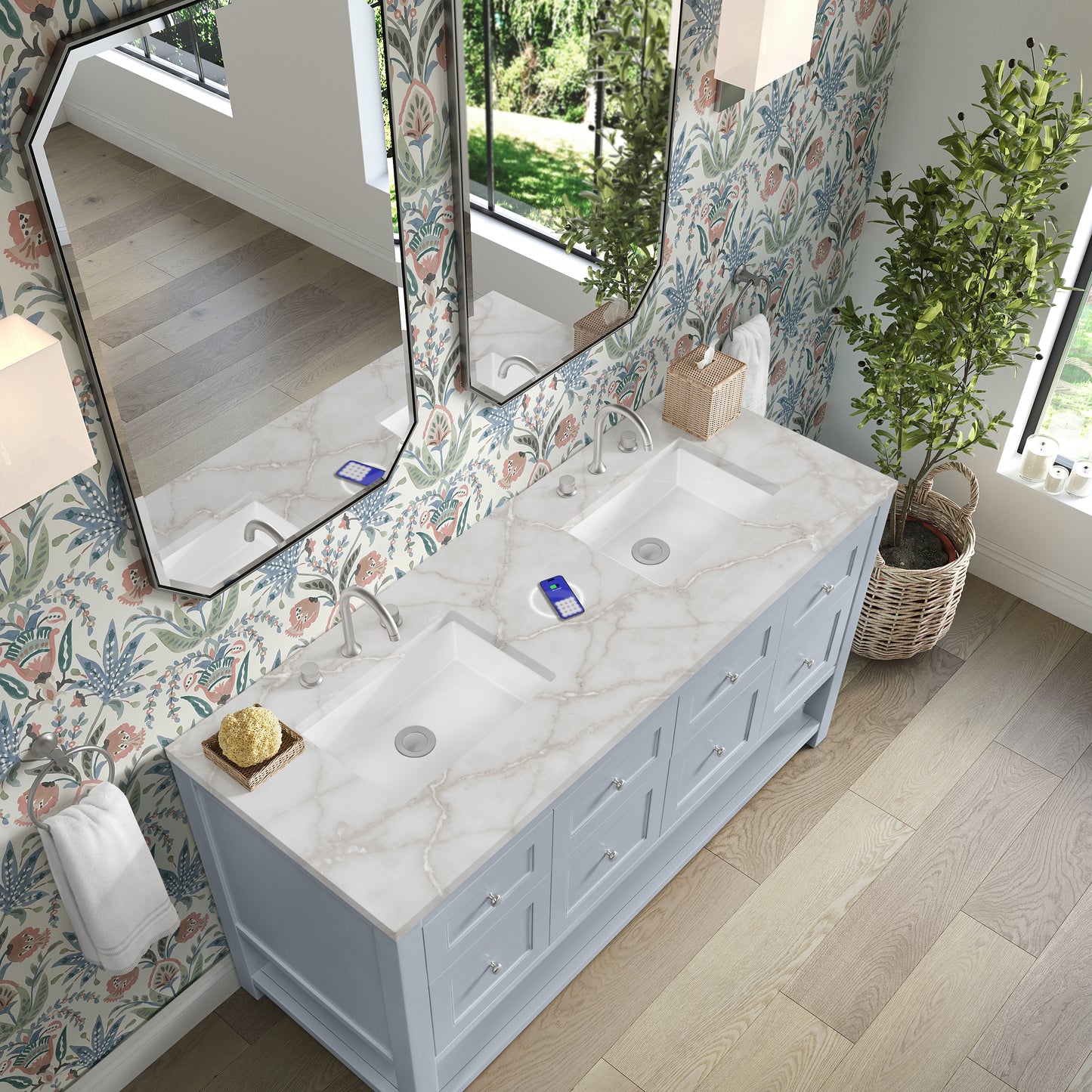 Renovate for Less Atlanta Breckenridge 60" Double Vanity, Serenity Blue, w/ 3 CM Victorian Silver Quartz Top w/FreePower Wireless Charger