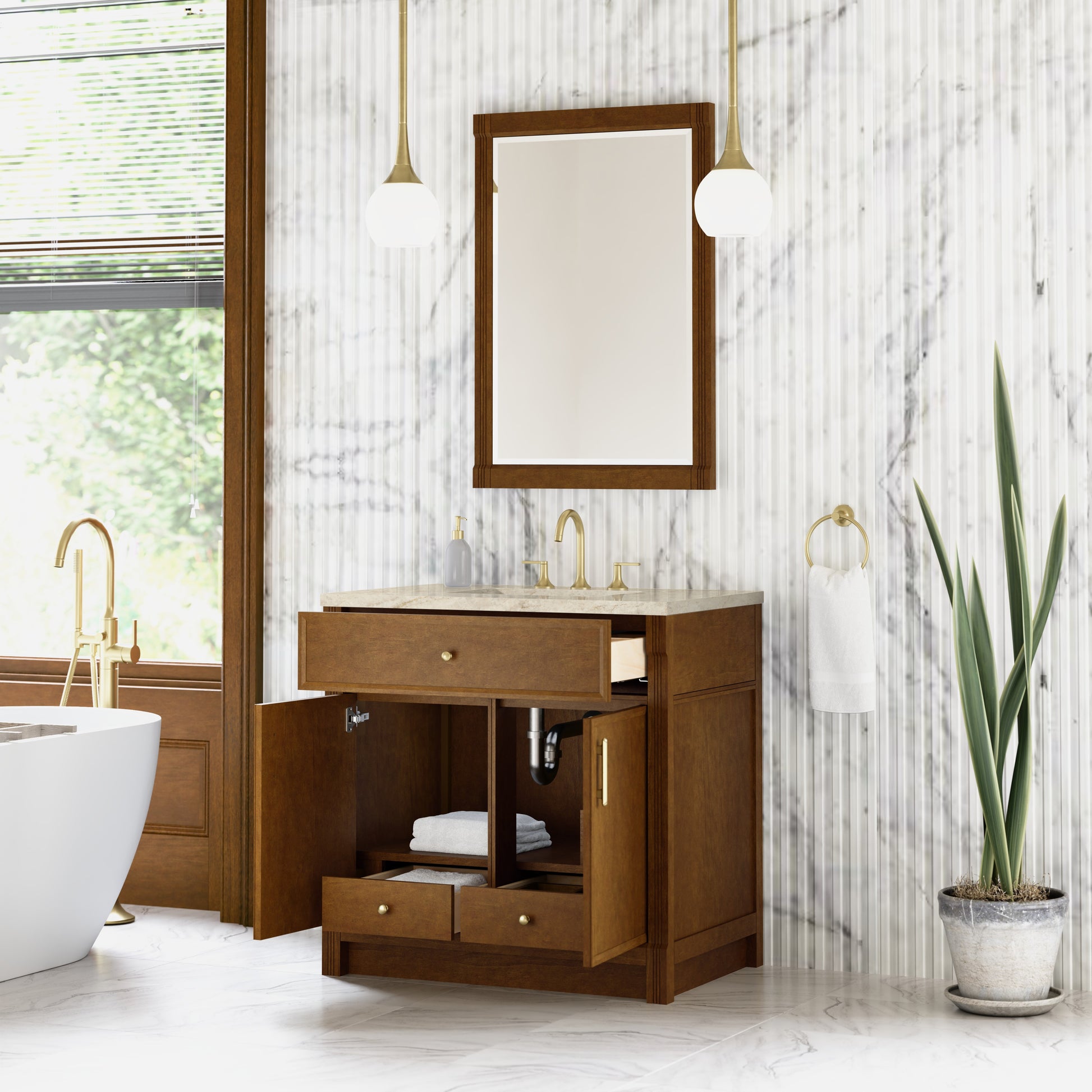 Renovate for Less Atlanta Bellshire 36" Single Vanity, Honey Oak w/ 3 CM Tajnar Eclos Top