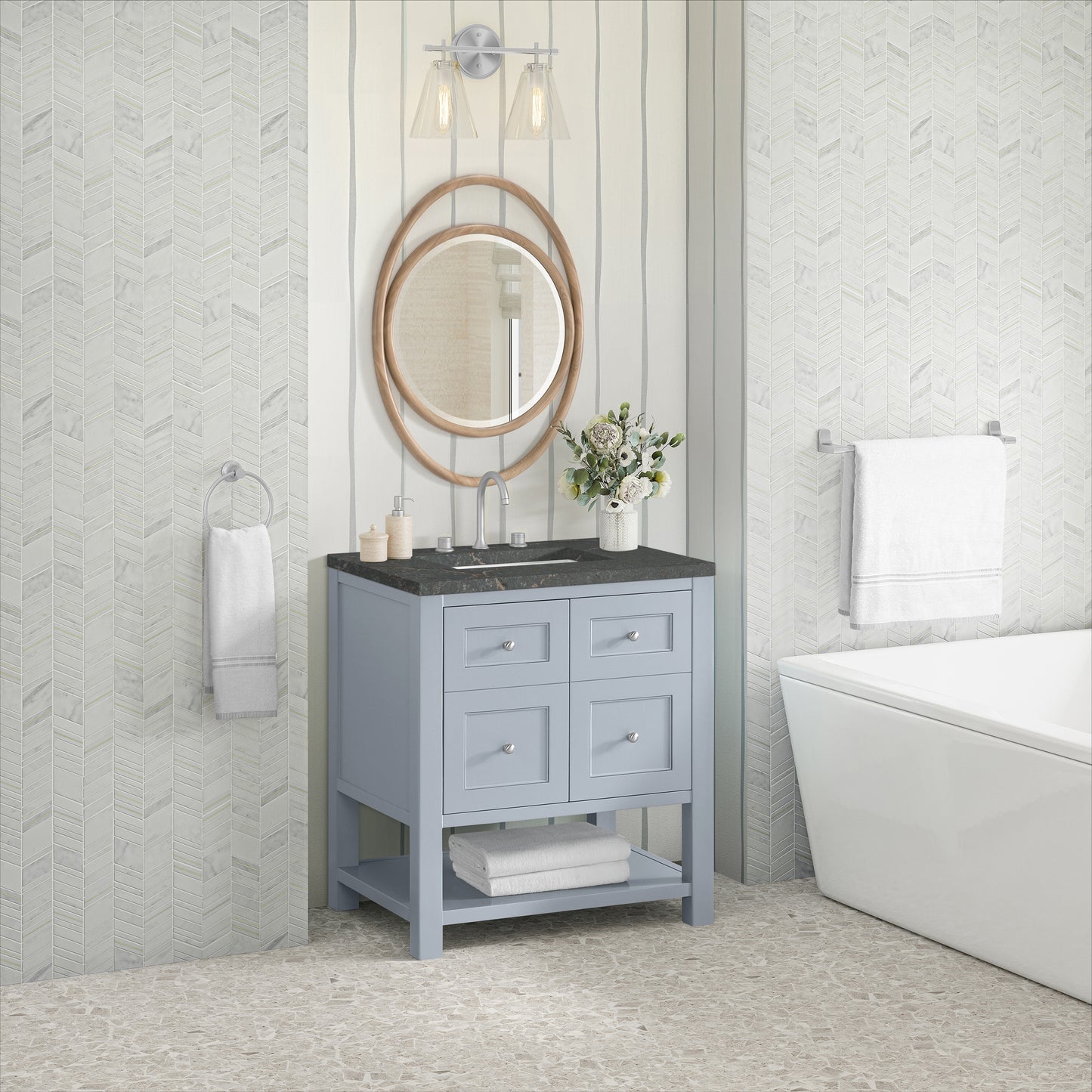 Renovate for Less Atlanta Breckenridge 30" Single Vanity, Serenity Blue, w/ 3 CM Parisien Bleu Quartz Top