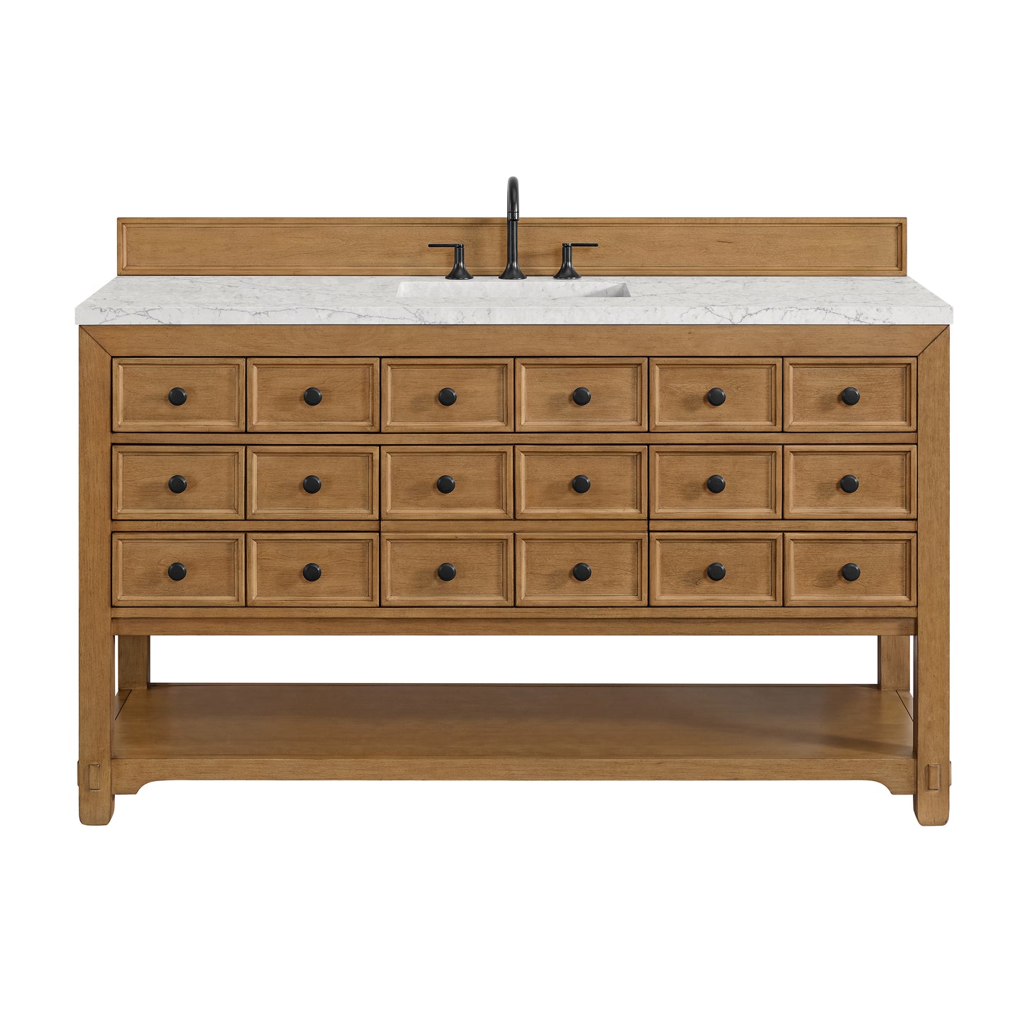 Renovate for Less Atlanta Malibu 60" Single Vanity, Amber Birch w/ 3 CM Eternal Jasmine Pearl Top