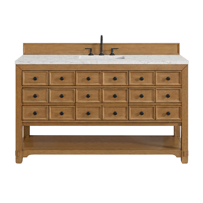 Renovate for Less Atlanta Malibu 60" Single Vanity, Amber Birch w/ 3 CM Eternal Jasmine Pearl Top