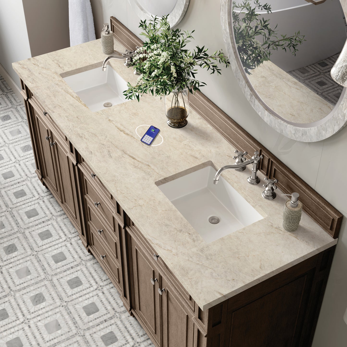 Renovate for Less Atlanta Bristol 72" Double Vanity, Whitewashed Walnut, w/ 3 CM Tajnar Eclos Top w/FreePower Wireless Charger