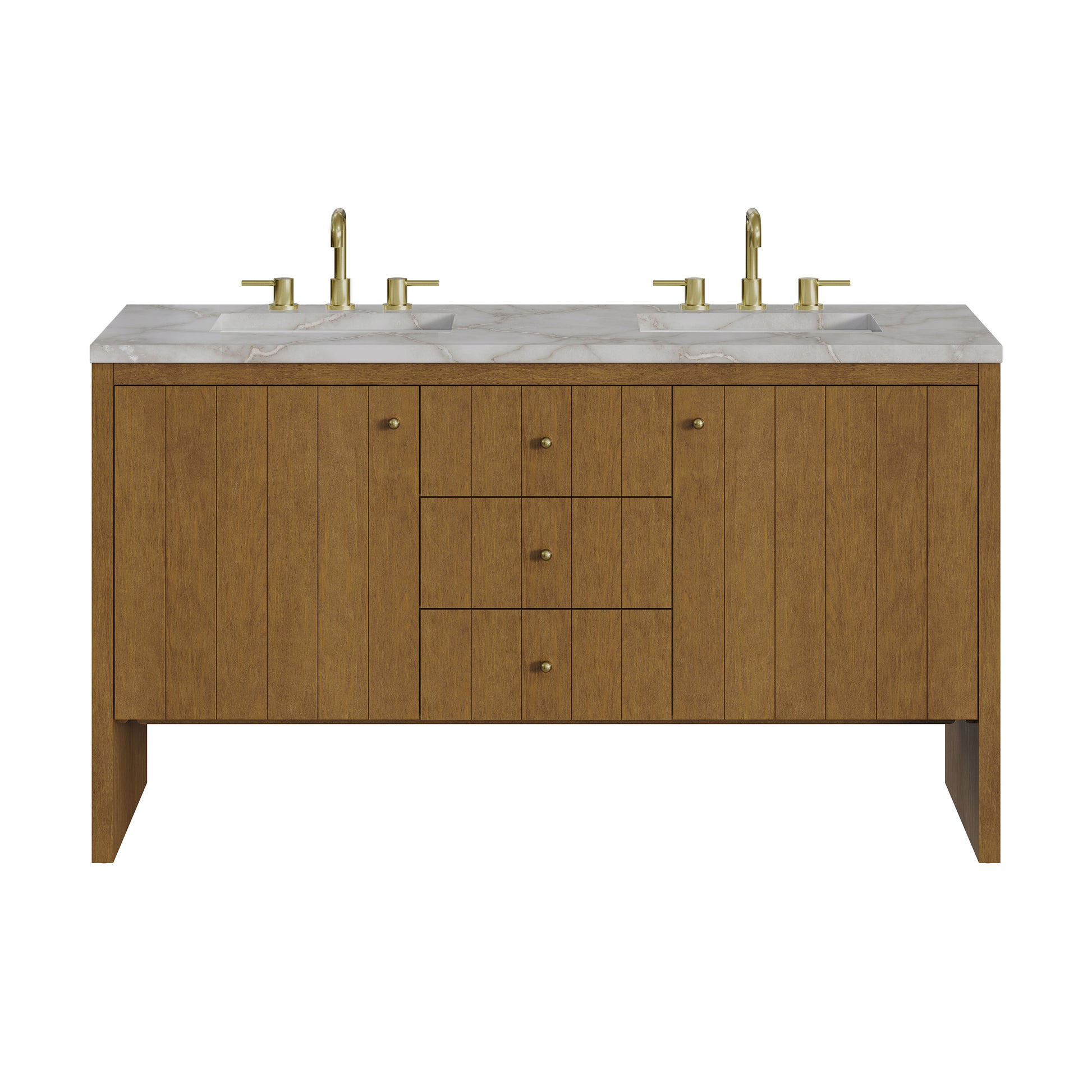 Renovate for Less Atlanta Hudson 60" Double Vanity, Honey Oak w/ 3 CM Victorian Silver Silestone Top