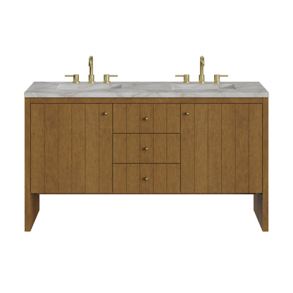 Renovate for Less Atlanta Hudson 60" Double Vanity, Honey Oak w/ 3 CM Victorian Silver Silestone Top