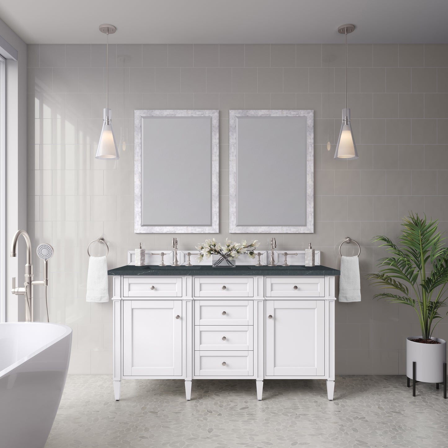 Renovate for Less Atlanta Brittany 60" Double Vanity, Bright White Vanity w/ 3 CM Charcoal Soapstone Silestone Top