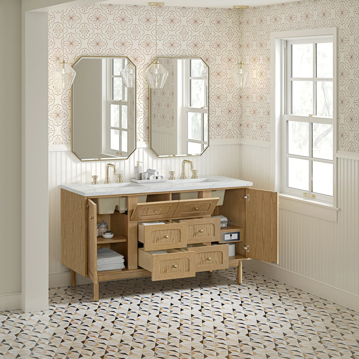 Laurent 60" Double Vanity, Light Natural Oak, w/ 3 CM Ethereal Noctis Quartz Top w/FreePower Wireless Charger