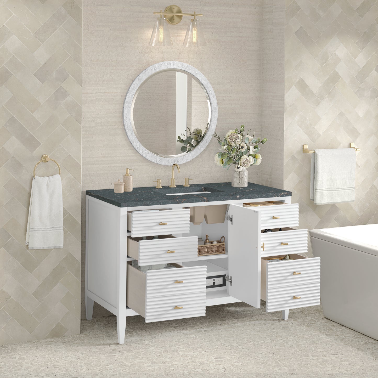 Renovate for Less Atlanta Myrrin 48" Single Vanity, Bright White w/ 3 CM Parisien Bleu Silestone Top w/FreePower Wireless Charger