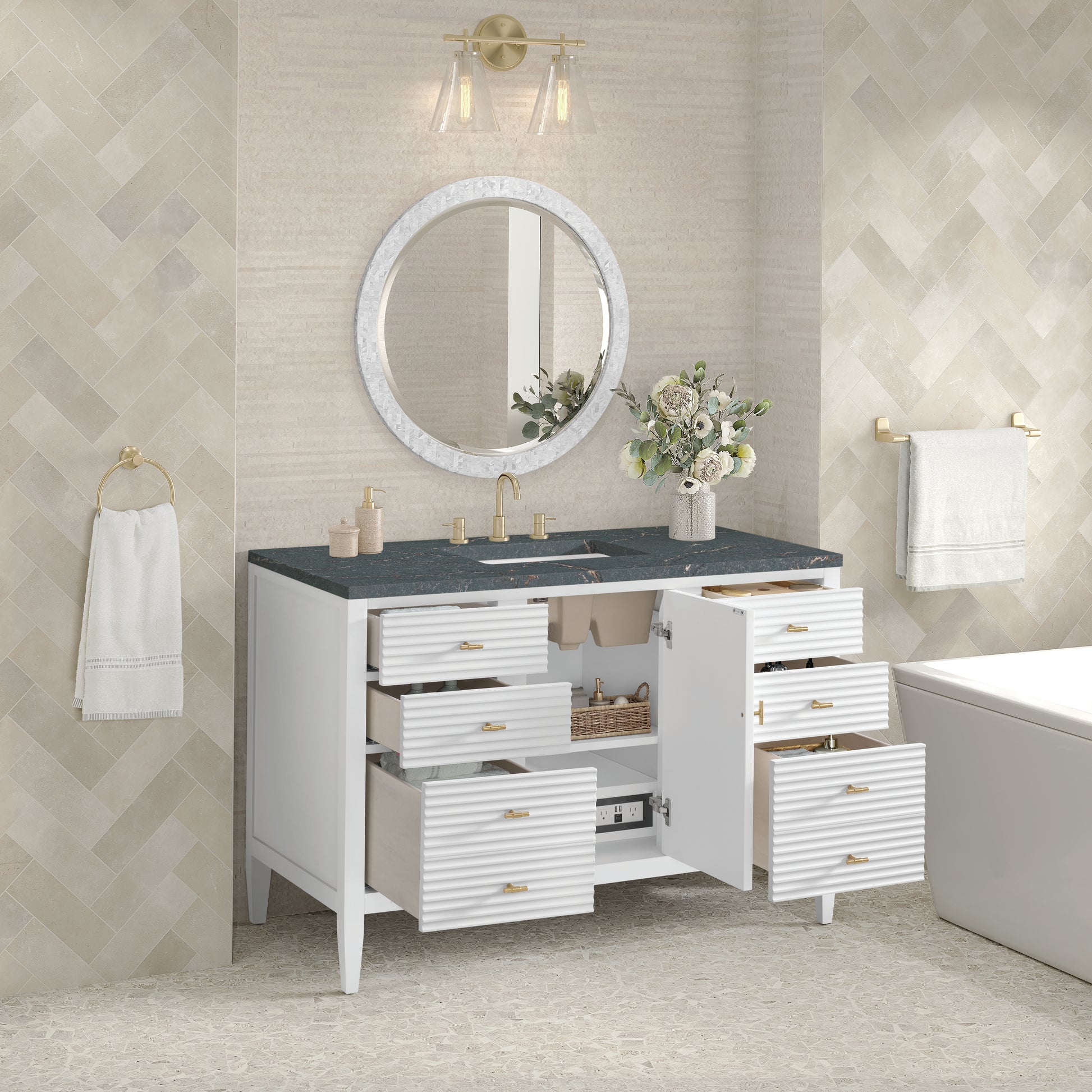 Renovate for Less Atlanta Myrrin 48" Single Vanity, Bright White w/ 3 CM Parisien Bleu Silestone Top w/FreePower Wireless Charger