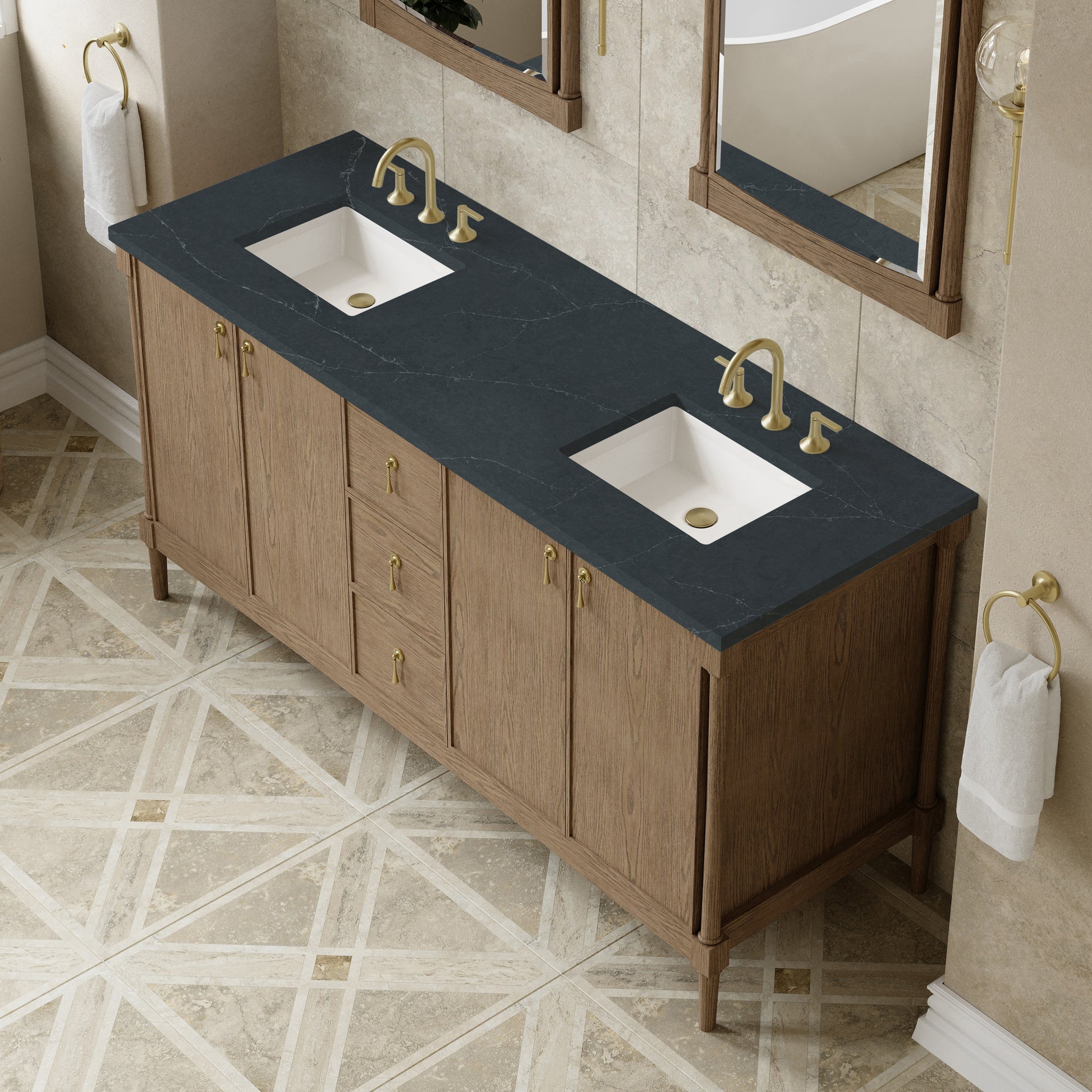 Renovate for Less Atlanta Kinnsden 72" Double Vanity, Weathered Oak w/ 3 CM Charcoal Soapstone Silestone Top
