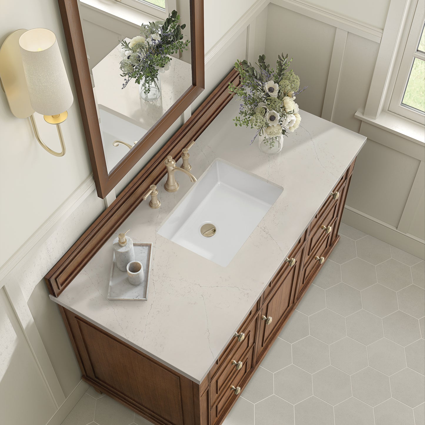 Renovate for Less Atlanta Lorelai 48" Single Vanity, Mid-Century Walnut, w/ 3 CM Siberian Silestone Top