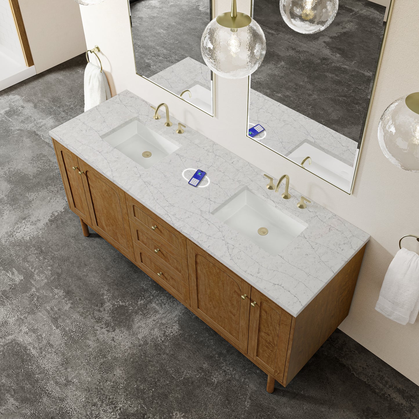 Renovate for Less Atlanta Laurent 72" Double Vanity, Honey Oak w/ 3 CM Eternal Jasmine Pearl Silestone Top w/FreePower Wireless Charger