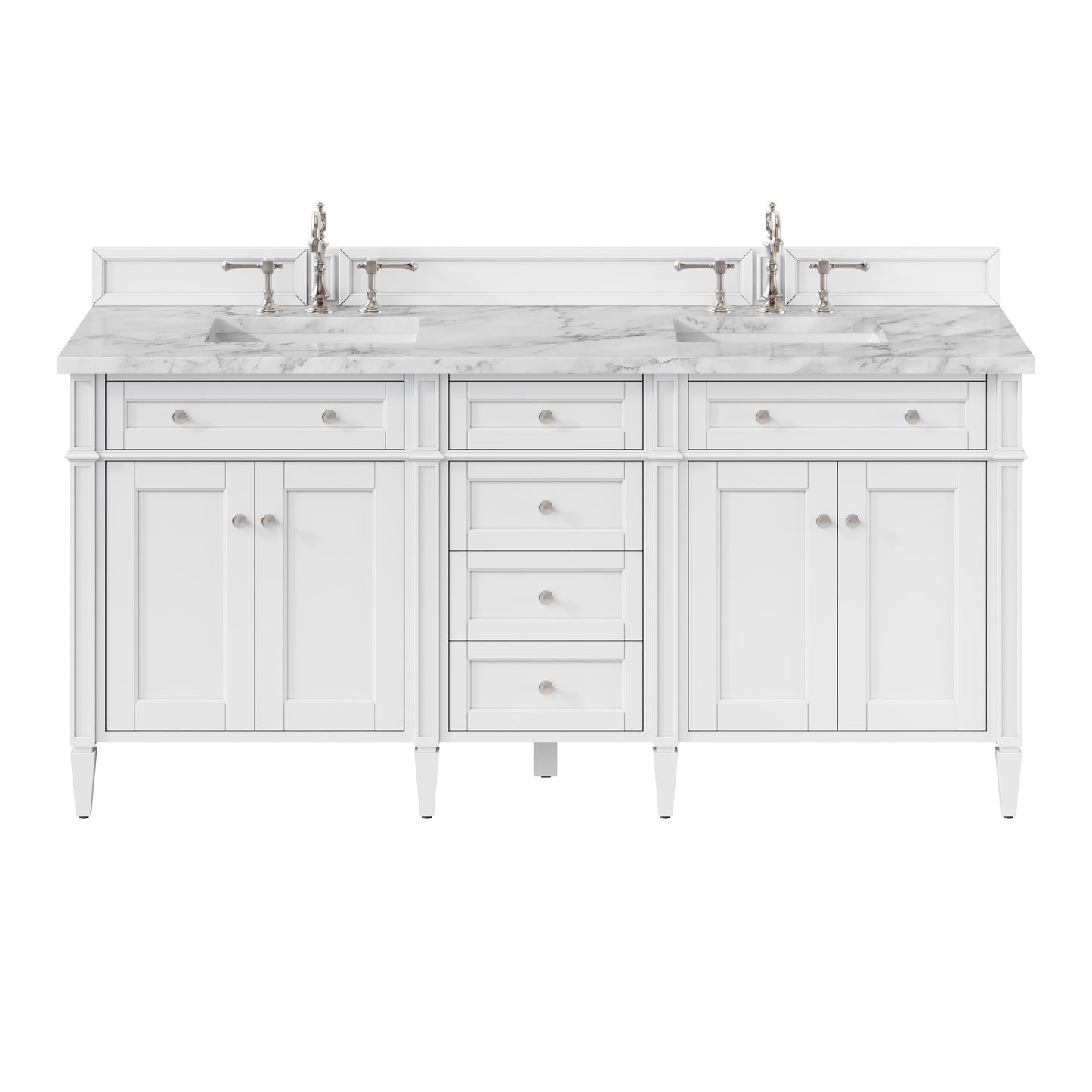 Renovate for Less Atlanta Brittany 72" Double Vanity, Bright White Vanity w/ 3 CM Carrara Marble Top