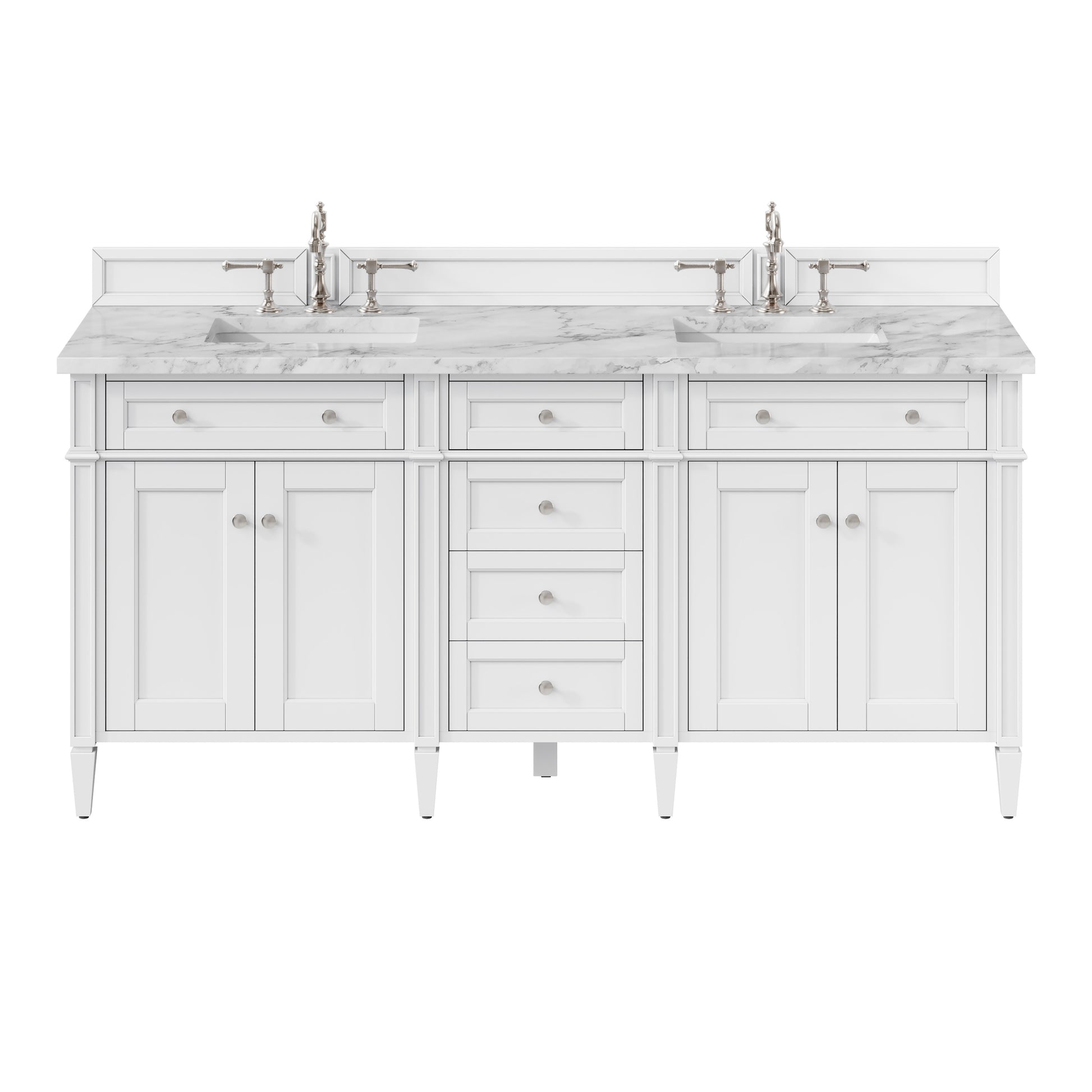 Renovate for Less Atlanta Brittany 72" Double Vanity, Bright White Vanity w/ 3 CM Carrara Marble Top