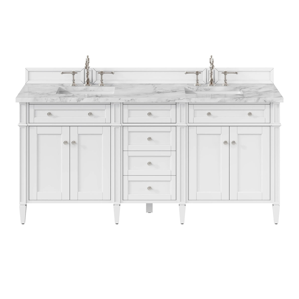 Brittany 72" Double Vanity, Bright White Vanity w/ 3 CM Carrara Marble Top