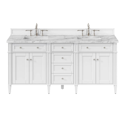 Brittany 72" Double Vanity, Bright White Vanity w/ 3 CM Carrara Marble Top