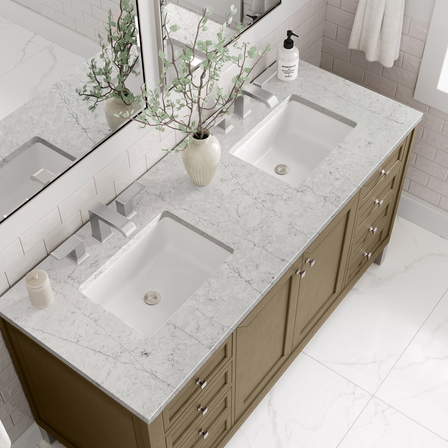 Renovate for Less Atlanta Chicago 60" Double Vanity, Walnut Whisper, w/ 3 CM Eternal Jasmine Pearl Silestone® Top