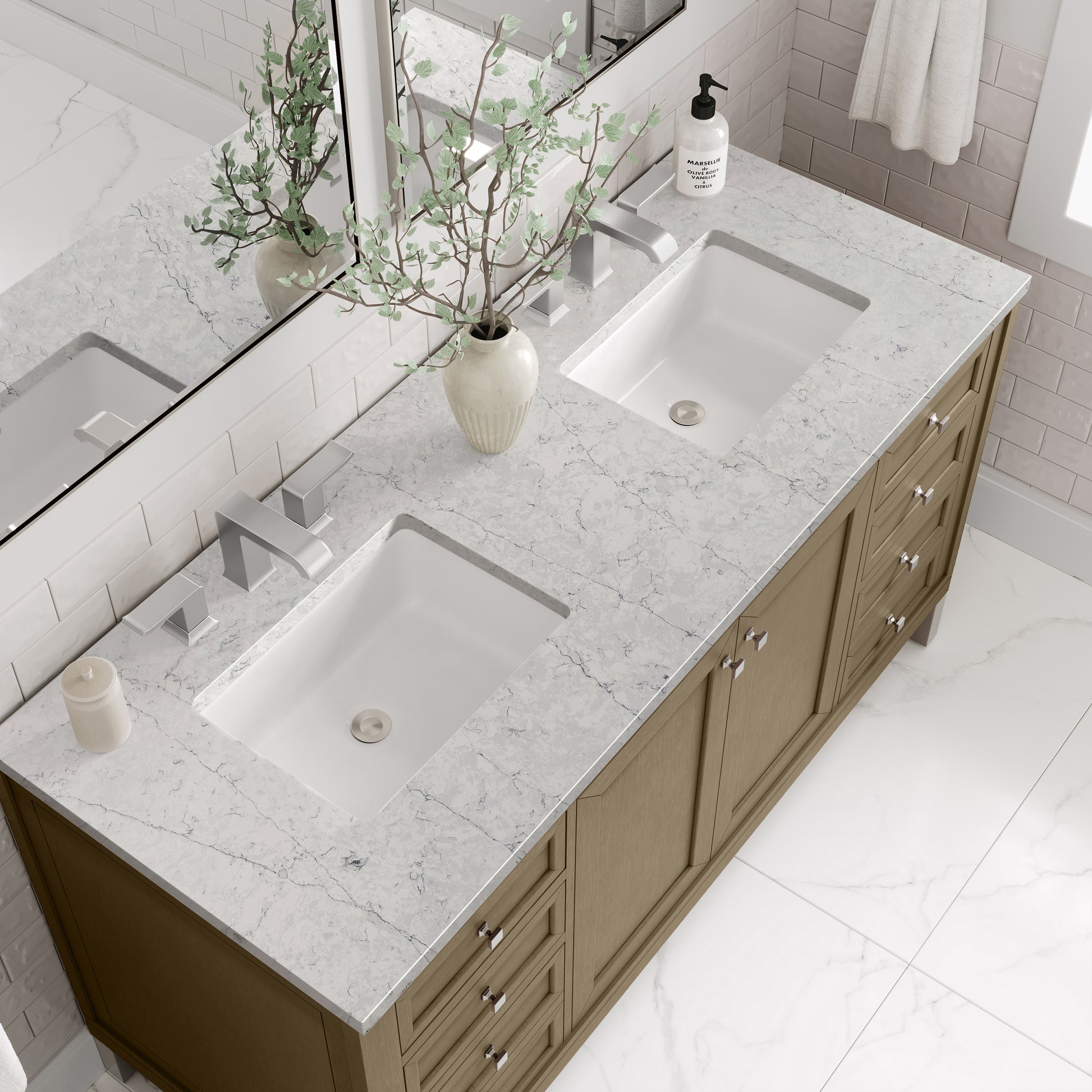 Renovate for Less Atlanta Chicago 60" Double Vanity, Walnut Whisper, w/ 3 CM Eternal Jasmine Pearl Silestone® Top