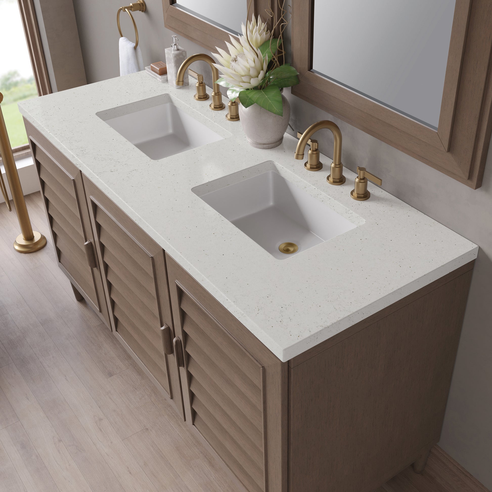 Renovate for Less Atlanta Portland 60" Double Vanity Whitewashed Walnut w/ 3 CM Lime Delight Silestone Top