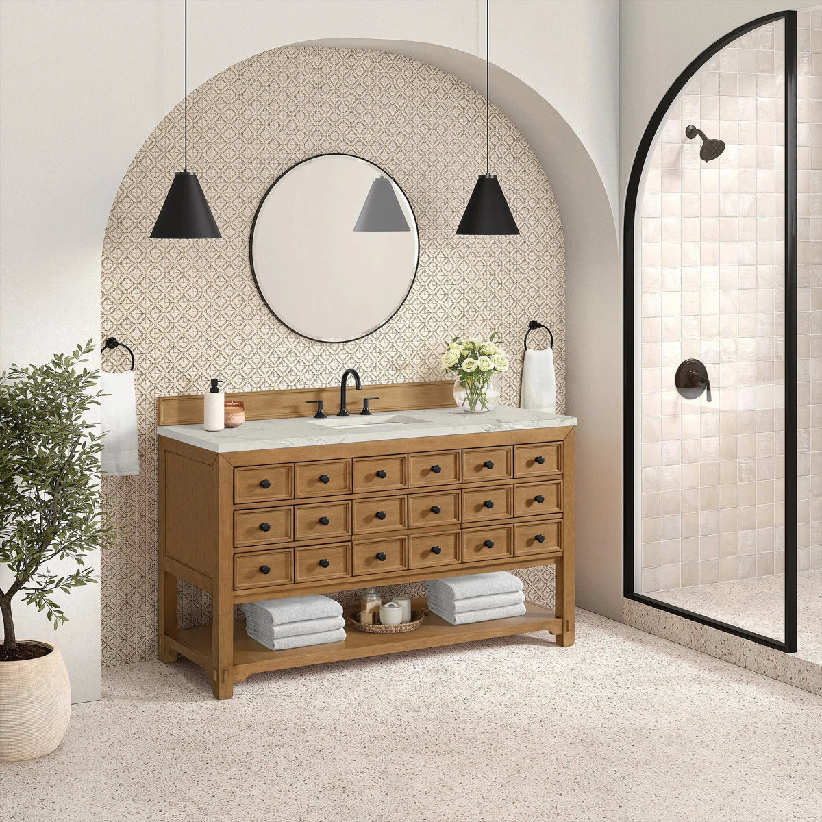 Malibu 60" Single Vanity, Amber Birch w/ 3 CM Victorian Silver Top w/ FreePower Wireless Charger