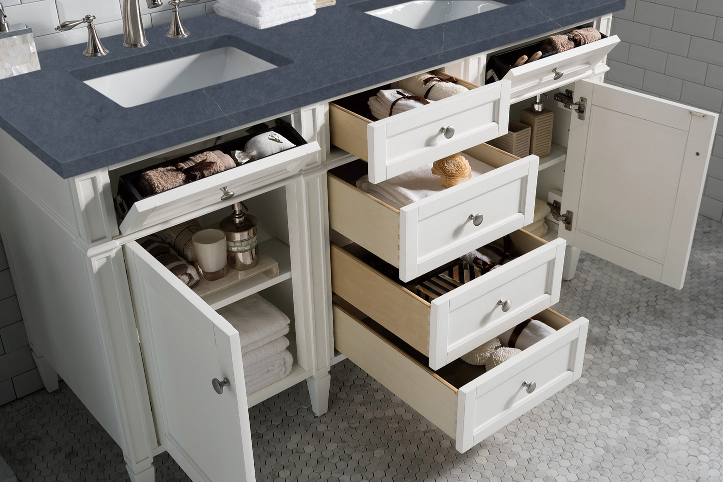 Renovate for Less Atlanta Brittany 60" Double Vanity, Bright White Vanity w/ 3 CM Charcoal Soapstone Silestone Top