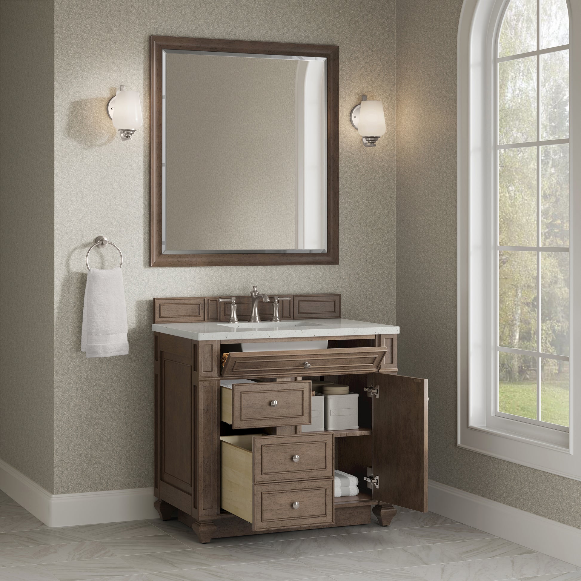 Renovate for Less Atlanta Bristol 36" Single Vanity, Whitewashed Walnut w/ 3 CM Lime Delight Silestone Top