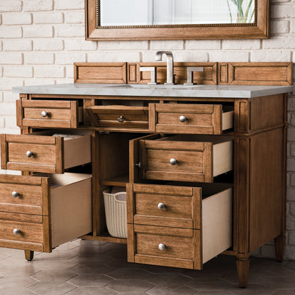 Renovate for Less Atlanta Brittany 48" Single Vanity, Saddle Brown w/ 3 CM Victorian Silver Silestone Top