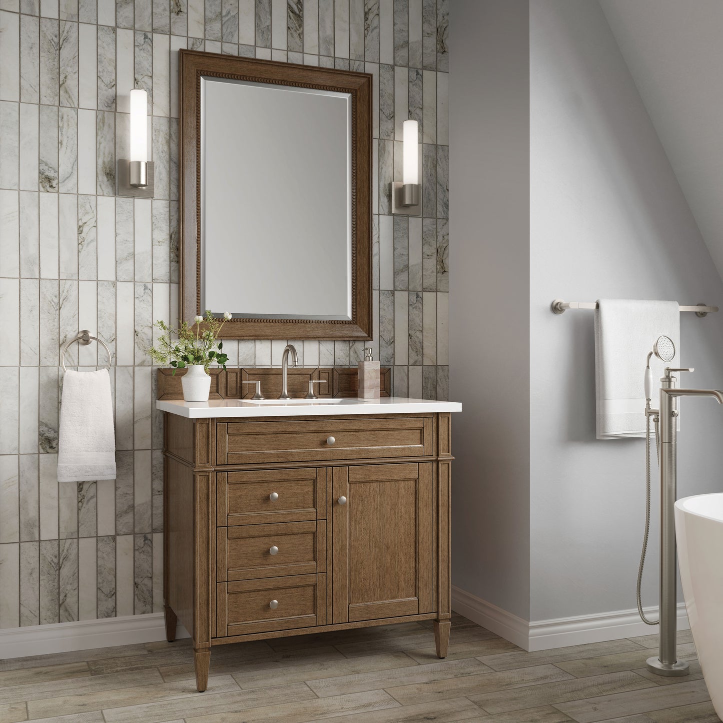 Renovate for Less Atlanta Brittany 36" Single Vanity, Saddle Brown w/ 3 CM White Zeus Silestone Top