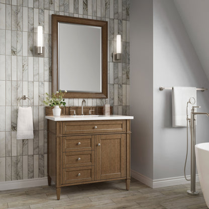 Renovate for Less Atlanta Brittany 36" Single Vanity, Saddle Brown w/ 3 CM White Zeus Silestone Top