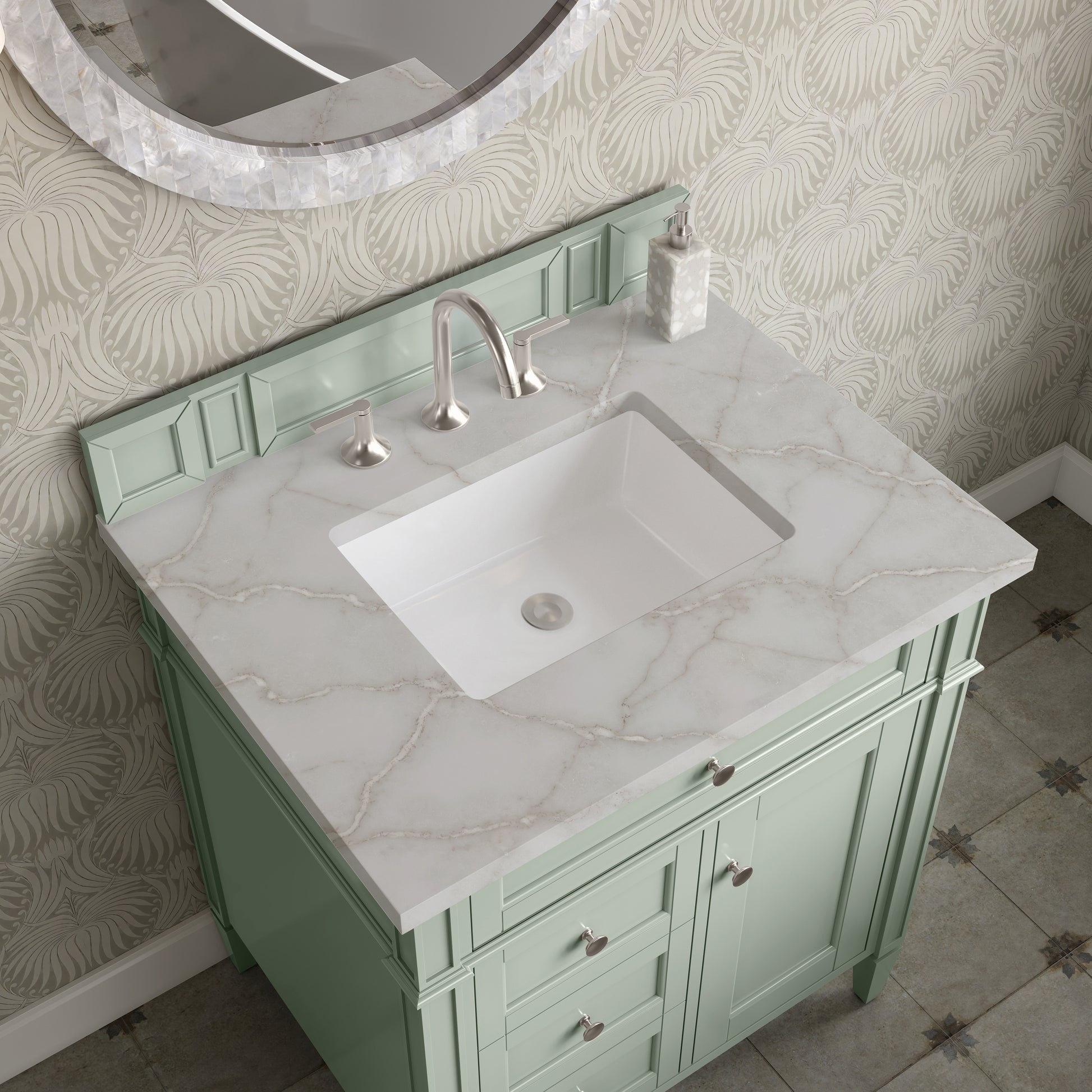 Renovate for Less Atlanta Brittany 30" Single Vanity, Sage Green, w/ 3 CM Victorian Silver Silestone Top