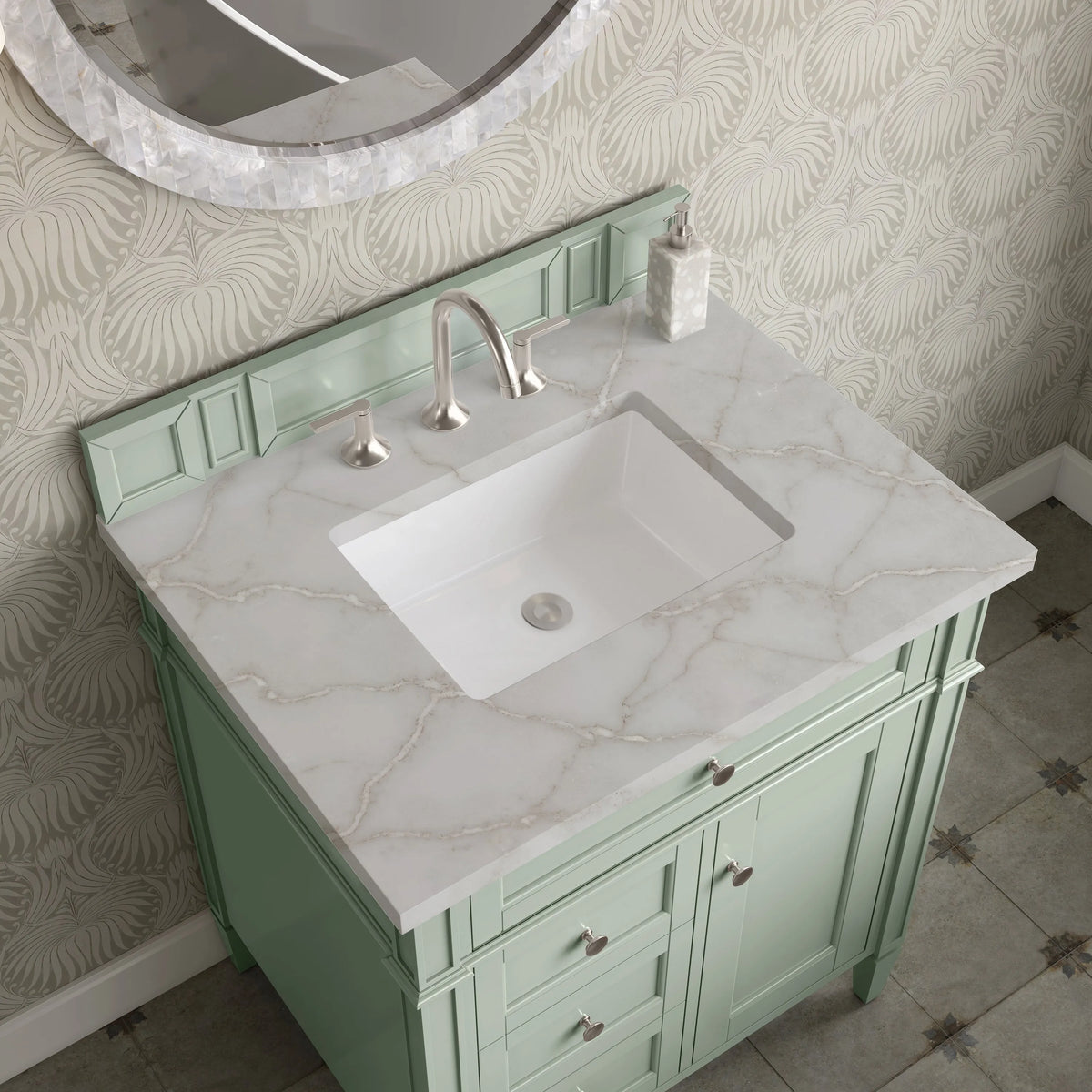 Brittany 30" Single Vanity, Sage Green, w/ 3 CM Victorian Silver Silestone Top
