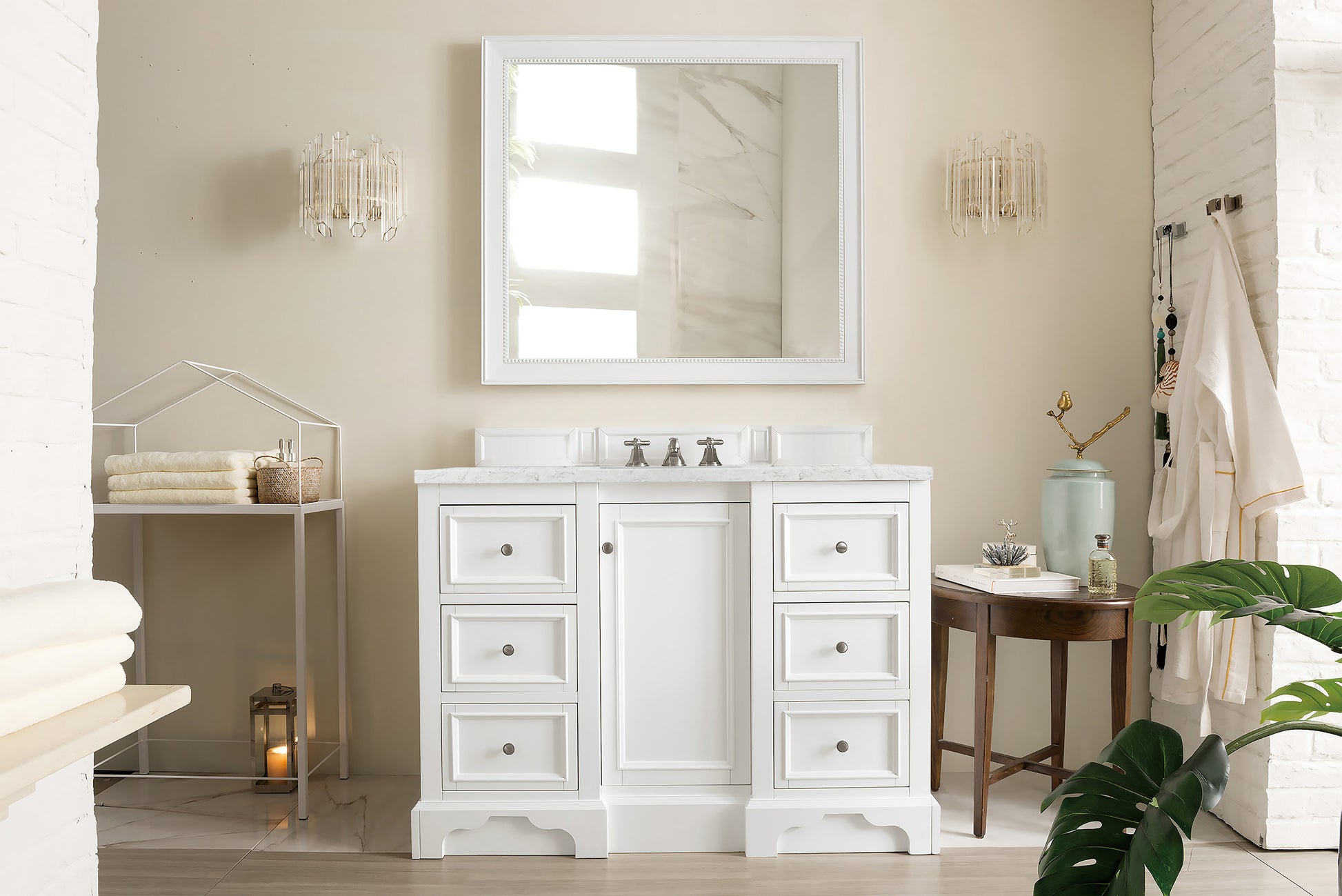 Renovate for Less Atlanta De Soto 48" Single Vanity, Bright White w/ 3 CM Eternal Jasmine Pearl Silestone Top