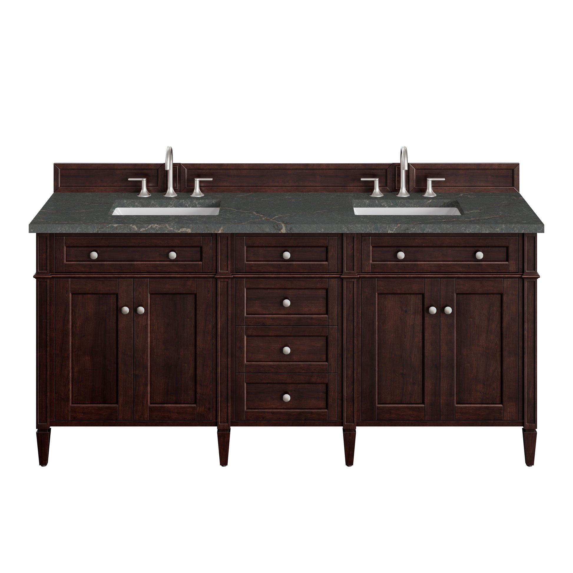 Renovate for Less Atlanta Brittany 72" Double Vanity, Burnished Mahogany w/ 3 CM Parisien Bleu Silestone Top
