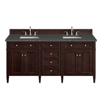 Renovate for Less Atlanta Brittany 72" Double Vanity, Burnished Mahogany w/ 3 CM Parisien Bleu Silestone Top