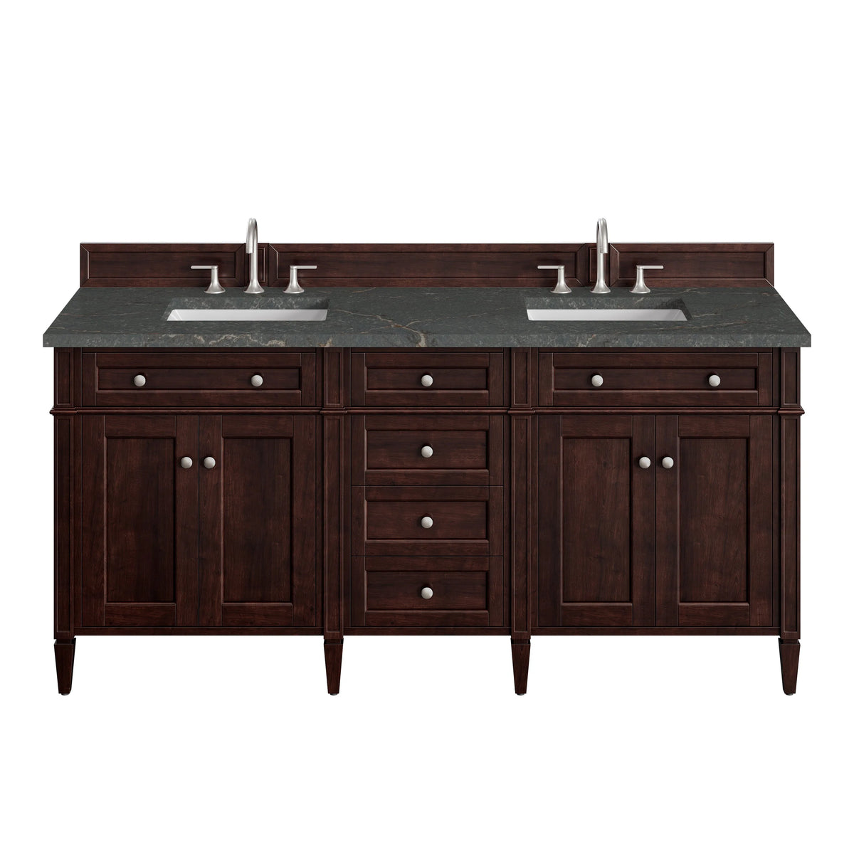 Brittany 72" Double Vanity, Burnished Mahogany w/ 3 CM Parisien Bleu Silestone Top