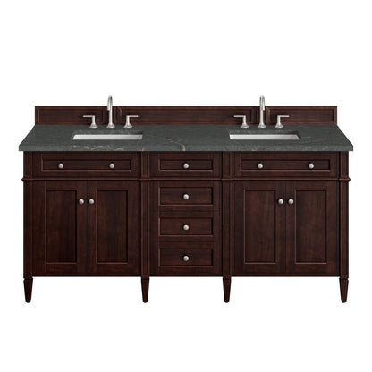 Brittany 72" Double Vanity, Burnished Mahogany w/ 3 CM Parisien Bleu Silestone Top