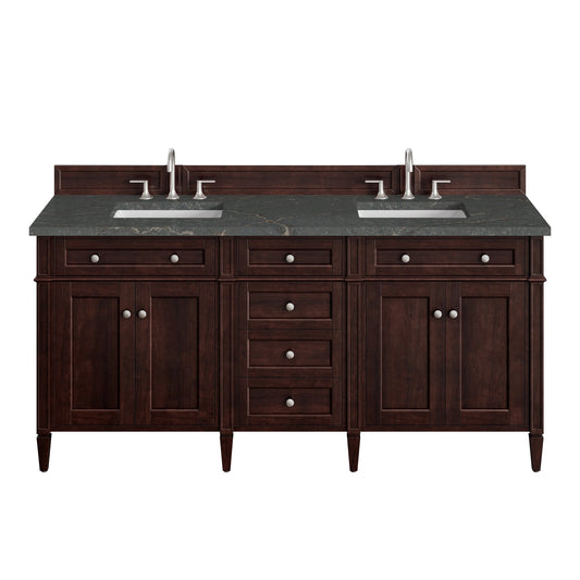 Brittany 72" Double Vanity, Burnished Mahogany w/ 3 CM Parisien Bleu Silestone Top