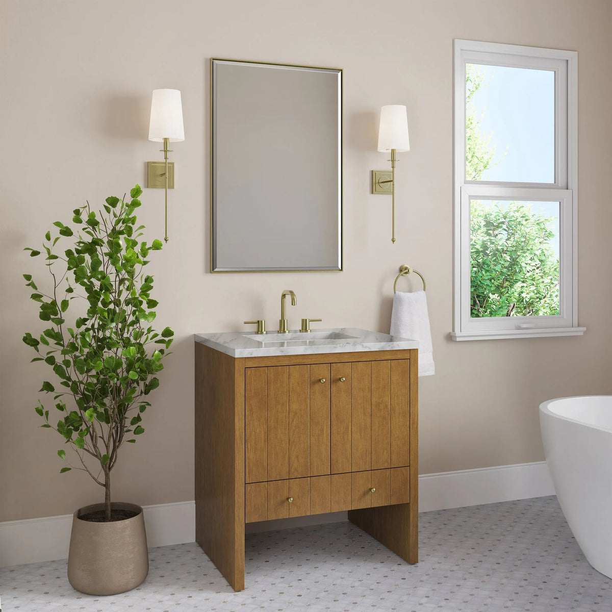 Hudson 30" Single Vanity, Honey Oak w/ 3 CM Carrara Marble Top