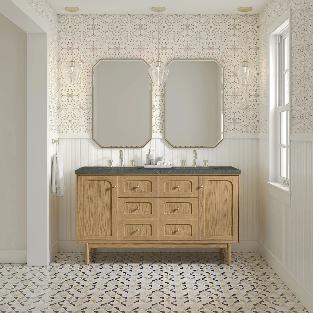 Laurent 60" Double Vanity, Light Natural Oak, w/ 3 CM Parisien Bleu Quartz Top w/FreePower Wireless Charger