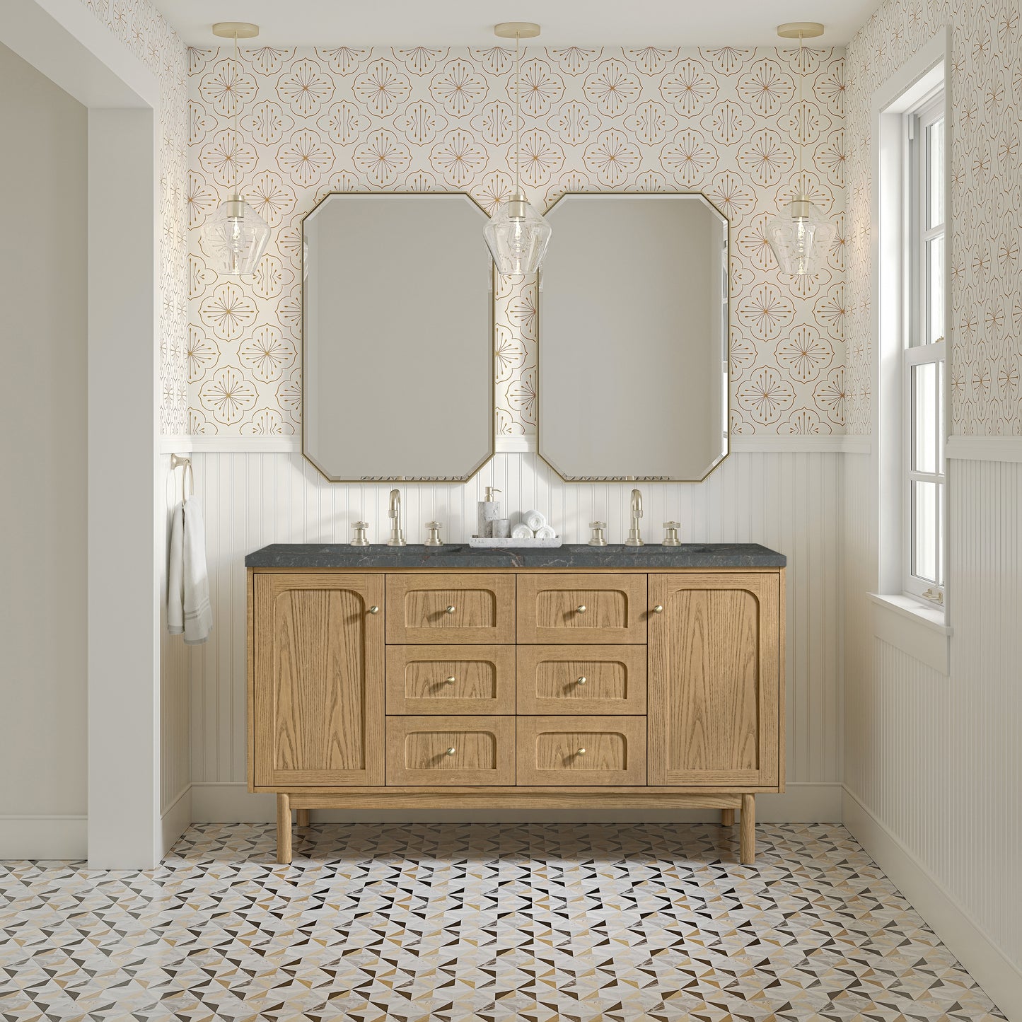 Renovate for Less Atlanta Laurent 60" Double Vanity, Light Natural Oak, w/ 3 CM Parisien Bleu Quartz Top w/FreePower Wireless Charger