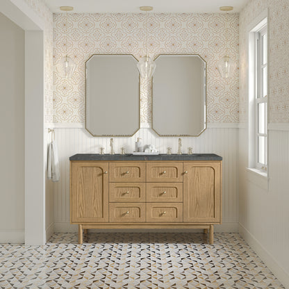 Renovate for Less Atlanta Laurent 60" Double Vanity, Light Natural Oak, w/ 3 CM Parisien Bleu Quartz Top w/FreePower Wireless Charger