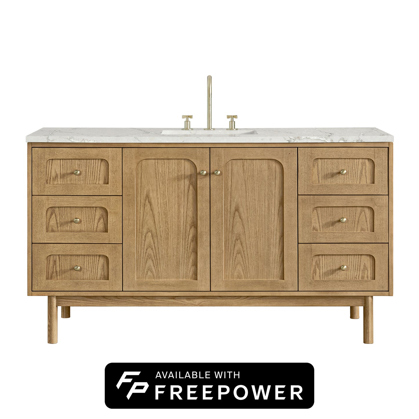 Renovate for Less Atlanta Laurent 60" Single Vanity, Light Natural Oak, w/ 3 CM Victorian Silver Silestone Top w/ FreePower Wireless Charger