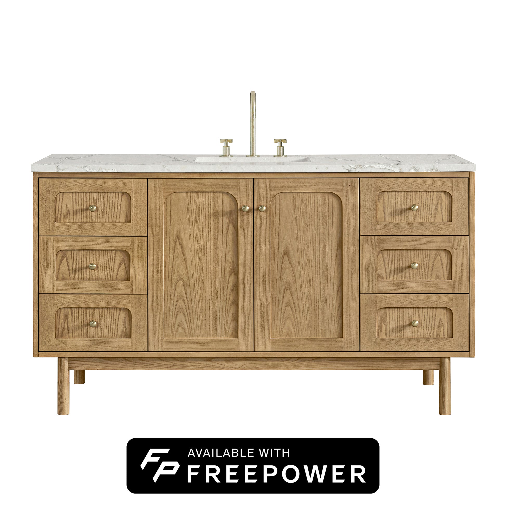 Renovate for Less Atlanta Laurent 60" Single Vanity, Light Natural Oak, w/ 3 CM Victorian Silver Silestone Top w/ FreePower Wireless Charger