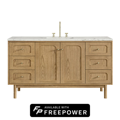 Renovate for Less Atlanta Laurent 60" Single Vanity, Light Natural Oak, w/ 3 CM Victorian Silver Silestone Top w/ FreePower Wireless Charger